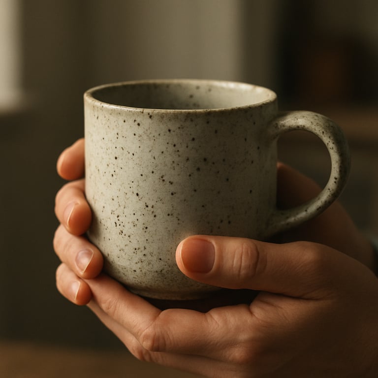 Macro photography of a person's hands holding a textured ceramic mug, soft light, warm light gray-blue tones, Central European interior.
