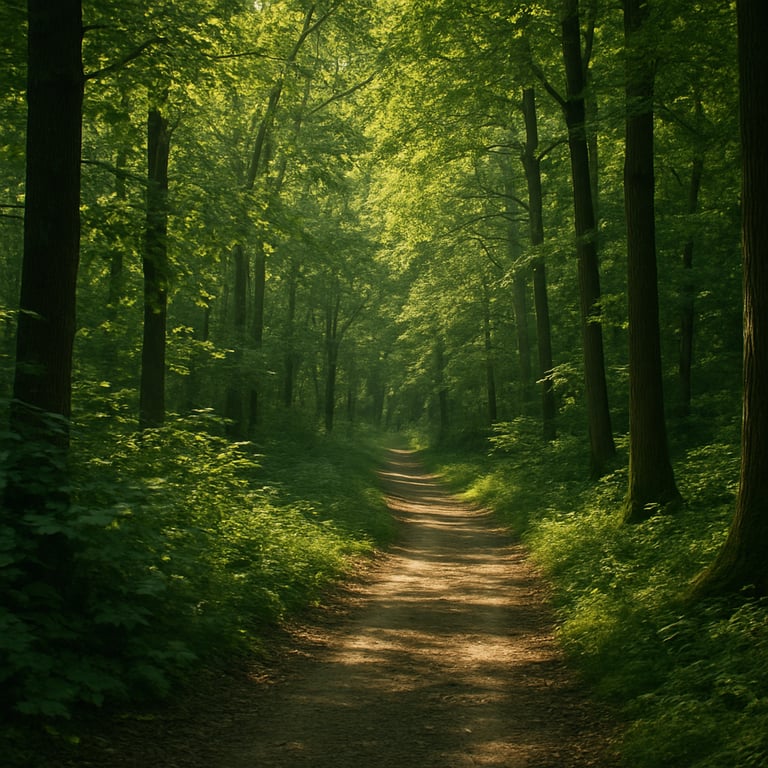 A quiet, sun-dappled forest path in Poland with sage green leaves and soft shadows, conveying a sense of calm and process.