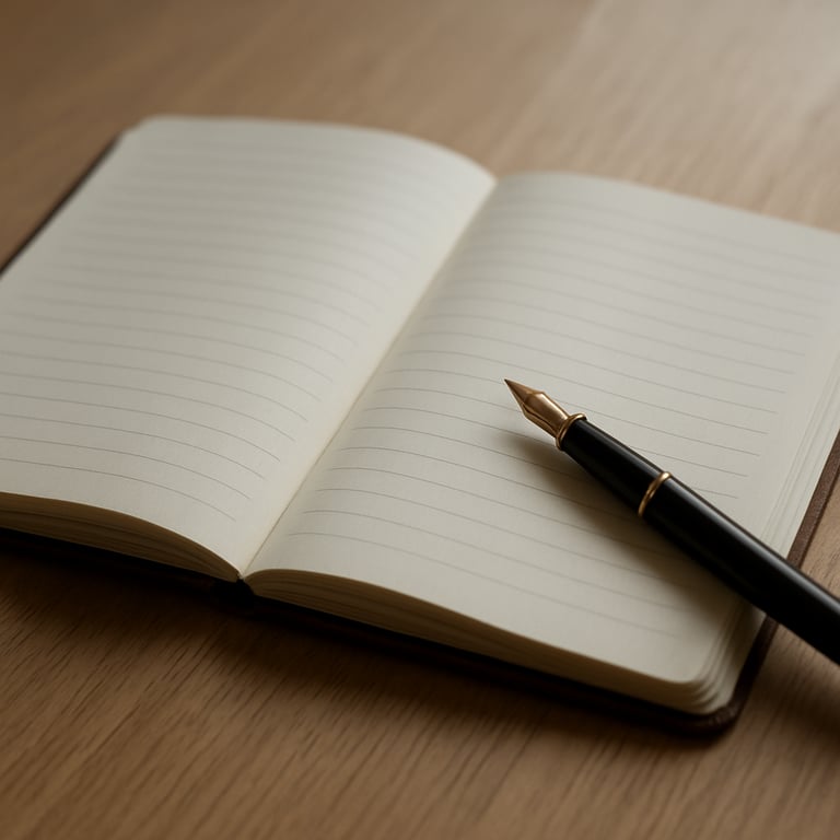 An open journal with a fountain pen on a light wood surface, soft natural lighting, symbolizing reflection and habit building.
