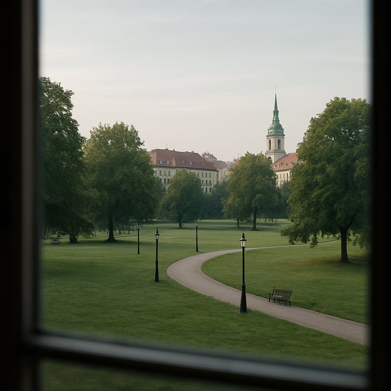 A peaceful morning view of a Central European city park through a slightly blurred window, light gray-blue sky.