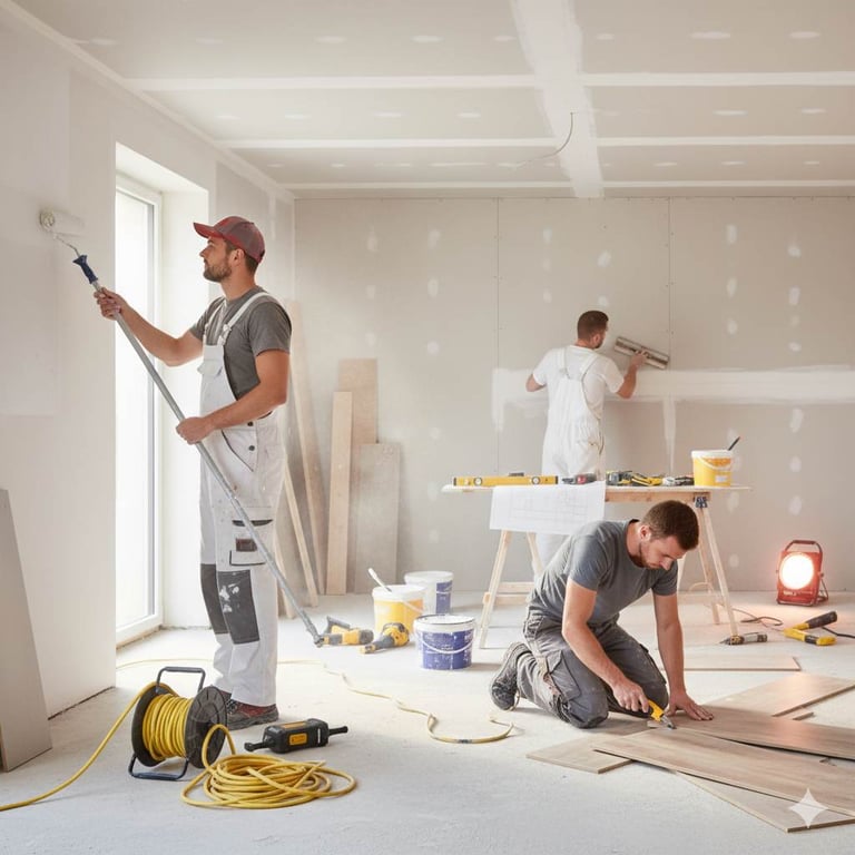 verschiedene Gewerke renovieren einen Raum