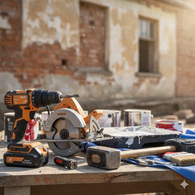 viele verschiedene Werkzeuge vom Bauprofi im vordergrund. im Hintergrund ein Altbau