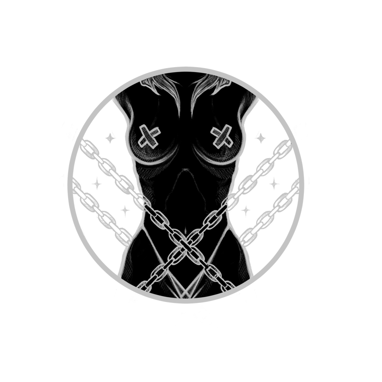 a black and white drawing of woman torso with chains