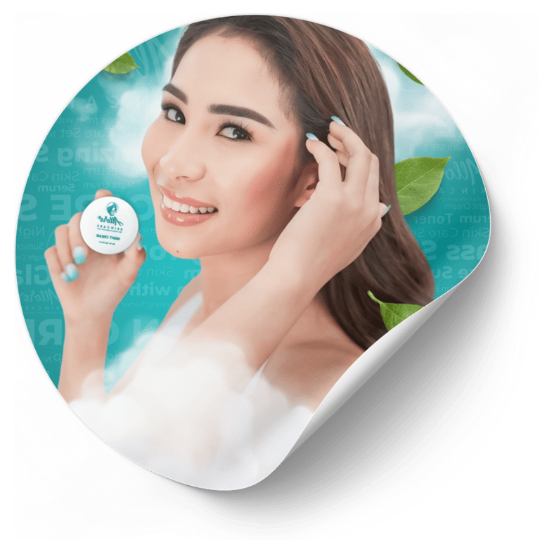 Person holds skincare cream while pulling hair back, surrounded by a blue backdrop with green leaves.
