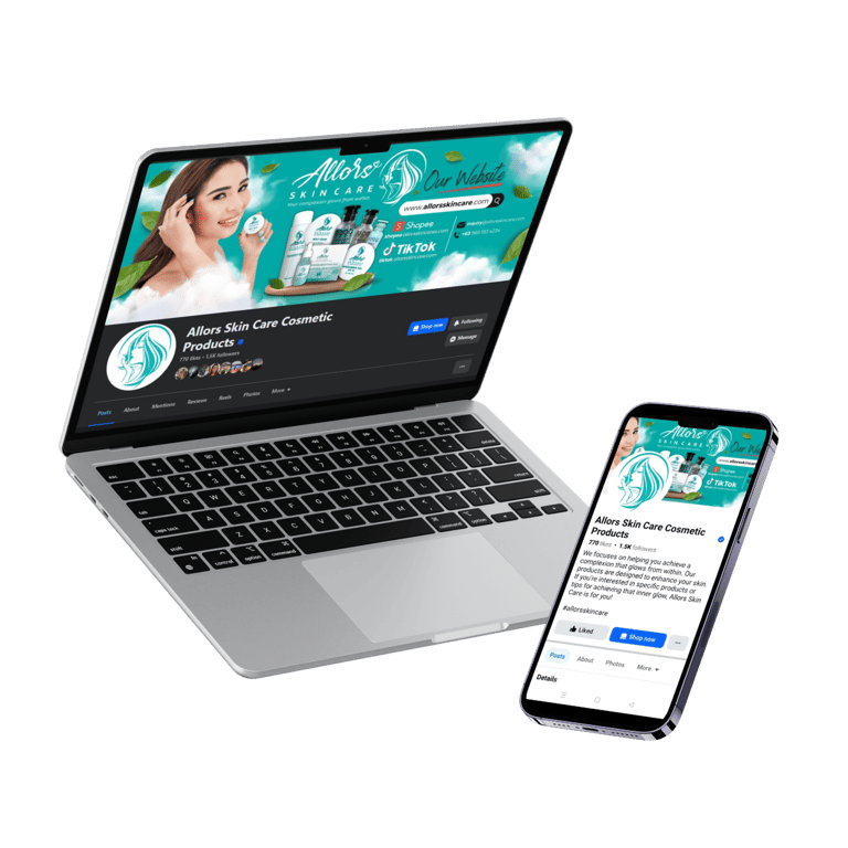 Laptop and smartphone display Allors Skin Care Cosmetic Products social media page with branding and product images.