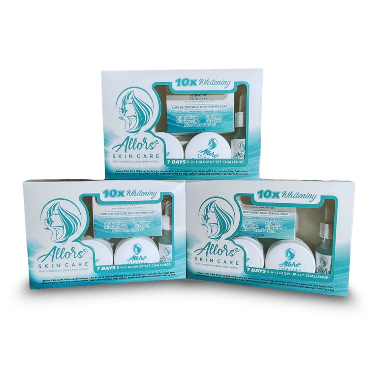 Allors Skin Care 10x Whitening set boxes with brightening soap and skincare for 7-day glow challenge.