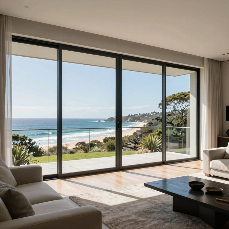 A bright and modern living room with floor-to-ceiling windows overlooking an Australian coastal landscape.