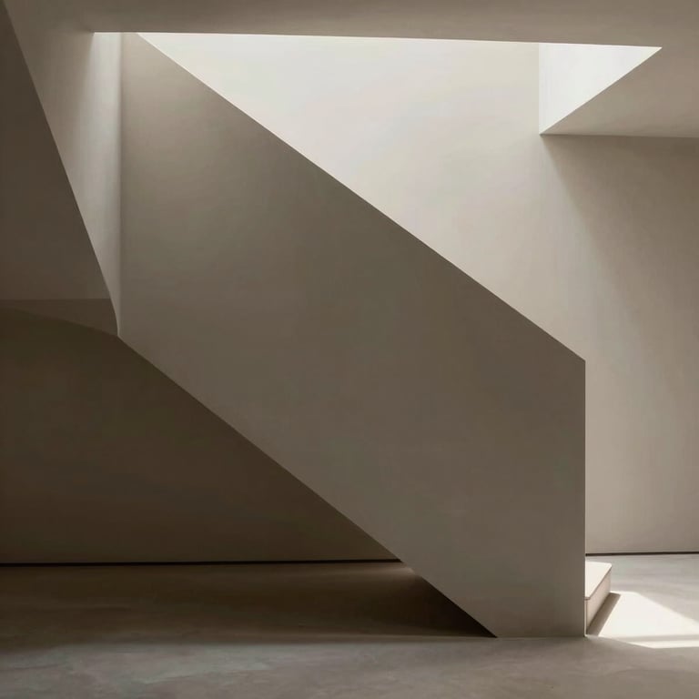 Minimalist architectural detail of a staircase in a modern home, sharp shadows, neutral color palette.