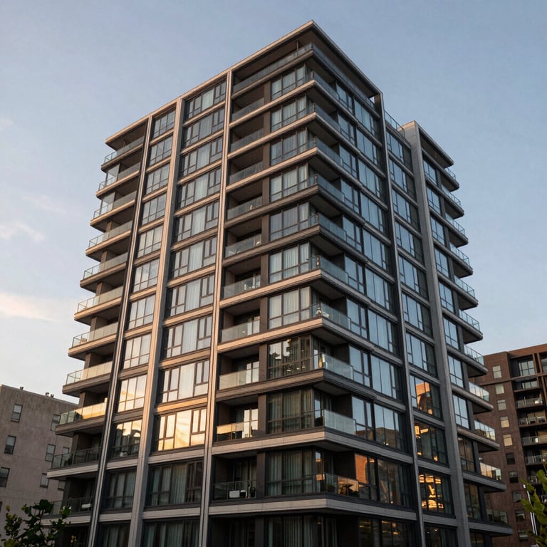 Exterior of a modern luxury apartment building in a North American city, sunset lighting, glass and steel textures.