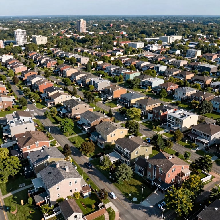 Aerial view of a well-planned residential neighborhood with green spaces, reflecting modern urban planning in North America.