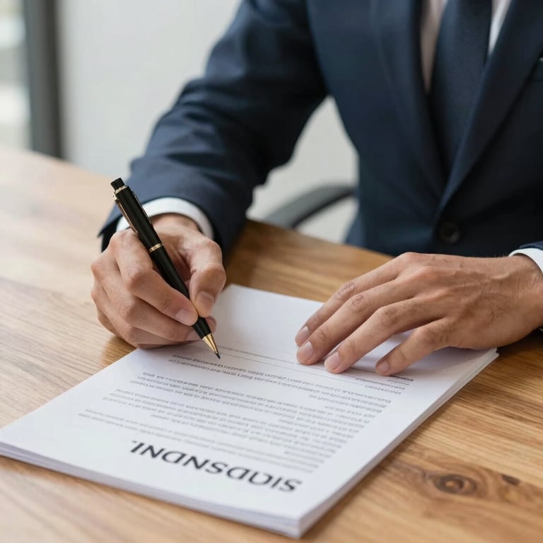 Close up of hands signing a real estate contract on a wooden table, professional business attire, bright corporate setting.