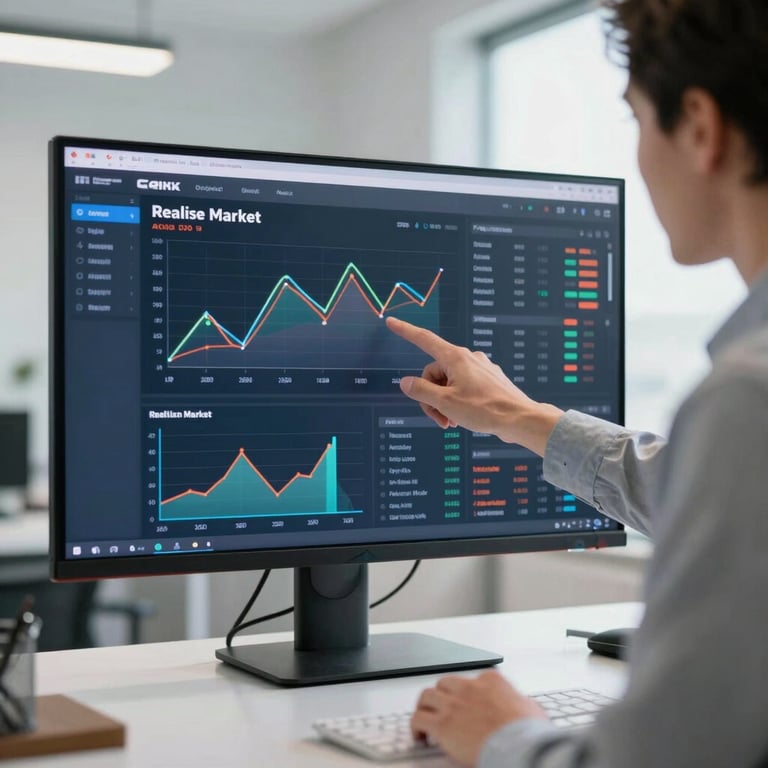 A professional consultant pointing at a digital screen showing real estate market trends and data charts in a clean office.