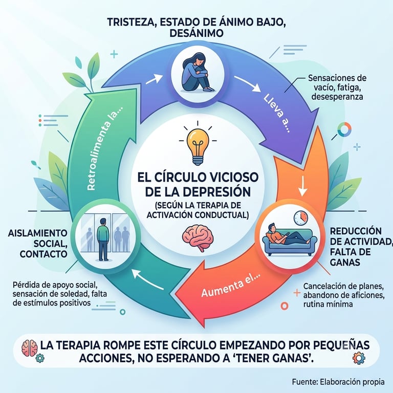 Círculo de la depresión: tristeza, inactividad y aislamiento se retroalimentan (terapia de activación conductual).