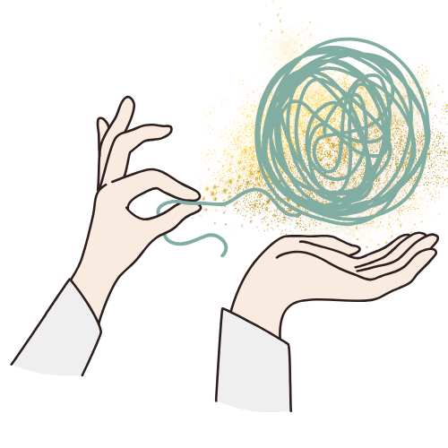 una mano che districa una matassa intrecciata con sfondo dorato, la psicoterapia sciogli i nodi 