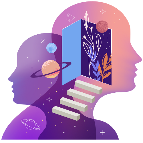 due profili con una porta aperta sull'universo, pianeti e scale