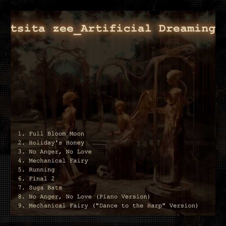 Code-style lettering of song list for "Artificial Dreaming" above darkened front image.