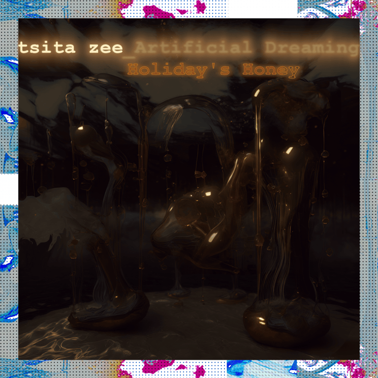 Album cover for Single "Holiday's Honey" with code-style letters, copper sculptures below sea.