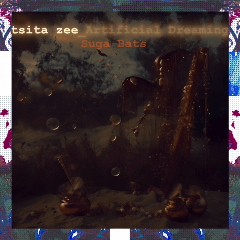 Album cover for Single "Suga Bats" with code-style letters, ethereal image of harps, bats, bubbles.