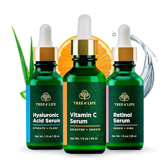 Tree of Life Skincare Trio with Vitamin C Serum, Retinol Serum, and Hyaluronic Acid Serum