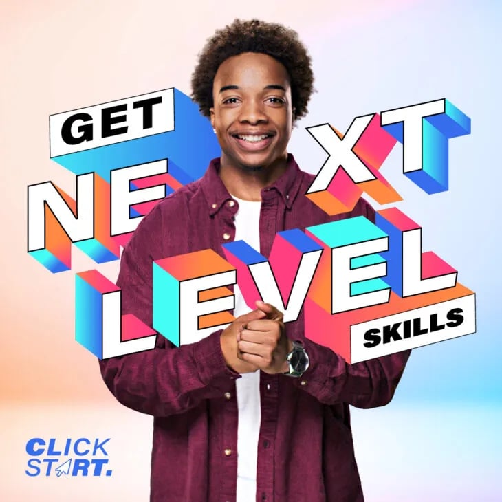 A photo of a man in a dark red shirt smiling, surrounded by the words "Get next level skills"