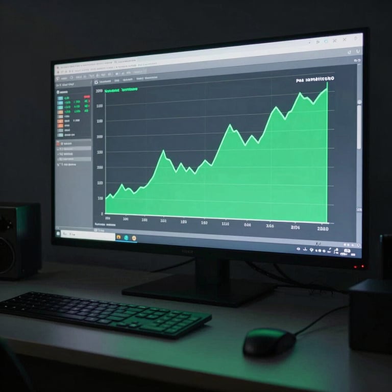 Visão isométrica de um painel de controle analítico em modo escuro, gráficos de linha verdes neon mostrando crescimento exponencial acentuado, interface minimalista de software SaaS de alta performance.