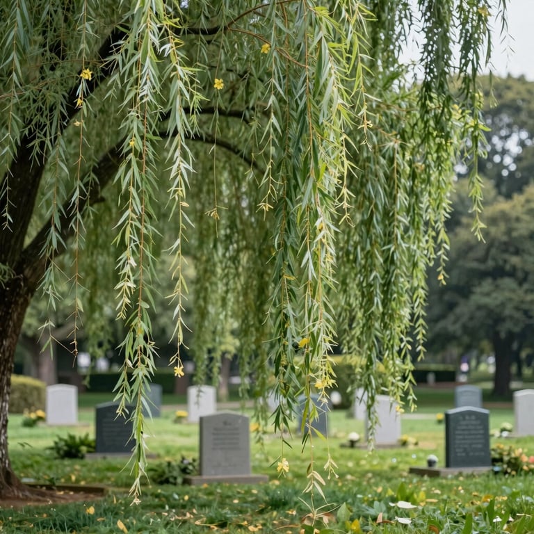 An artistic shot of a willow tree branch swaying gently over the peaceful, well-kept remembrance grounds.