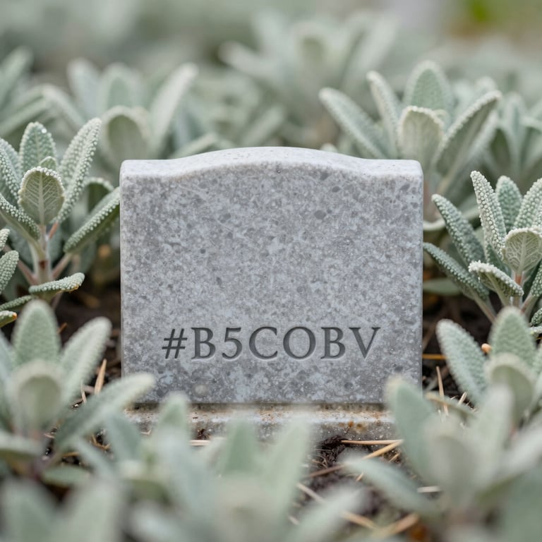 A respectful close-up of a small pet memorial plaque nestled among soft sage groundcover (#B5C0B7).