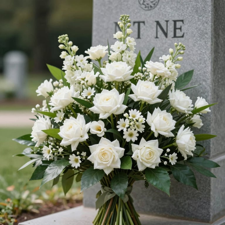 A vibrant yet respectful flower arrangement in a vase near a memorial marker, featuring white and soft green tones.