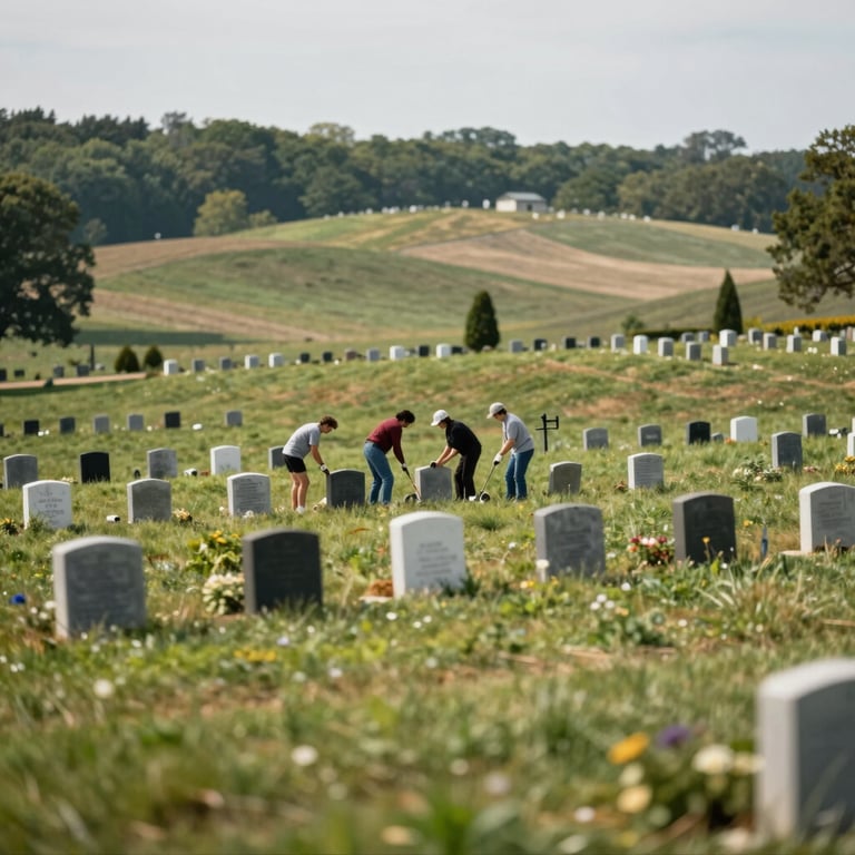 A group of volunteers working together at a distance on the rolling hills of the Ohio cemetery property.
