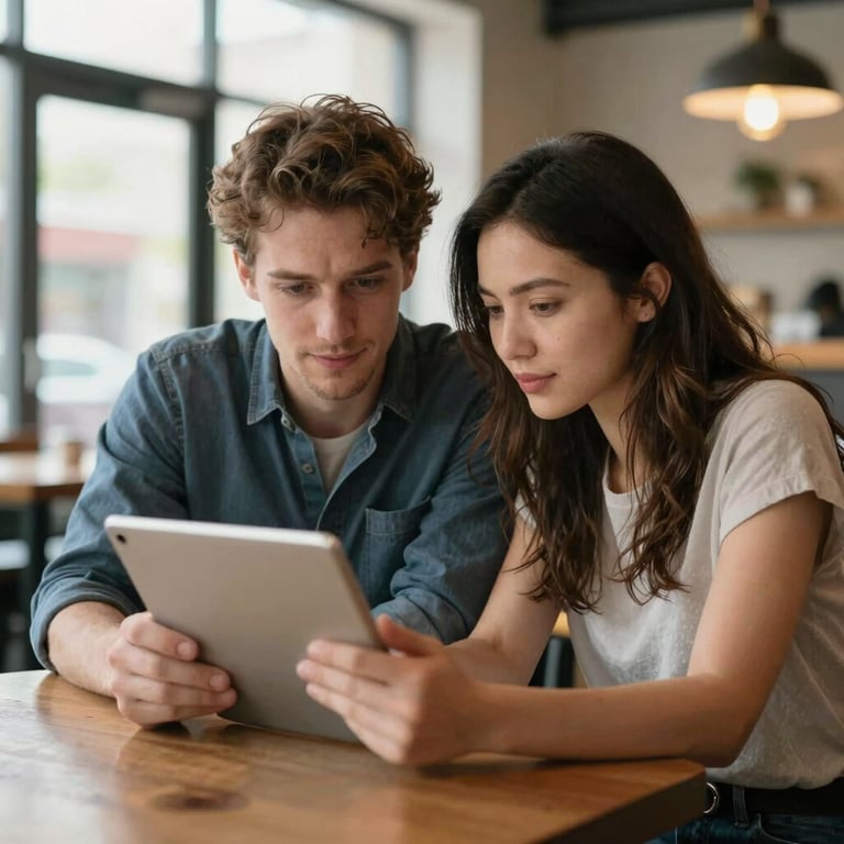 A couple looking at a tablet in a bright North American / Canadian cafe, planning their relocation with expressions of progress.