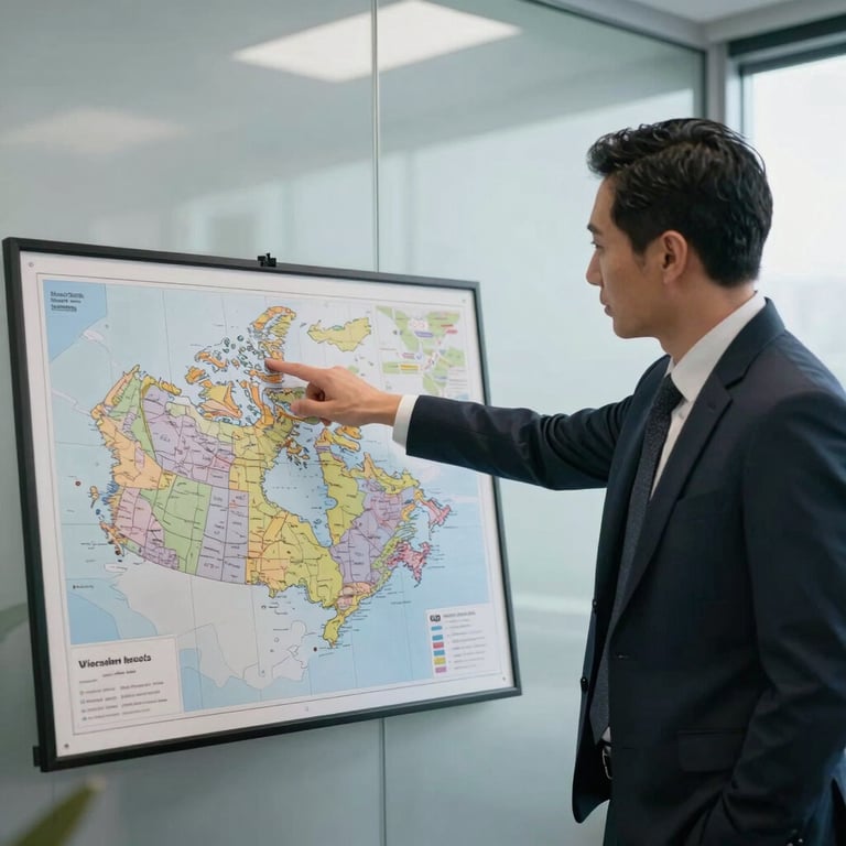 A professional advisor pointing to a map of Canada during a consultation in a sleek office with frosted mist walls.