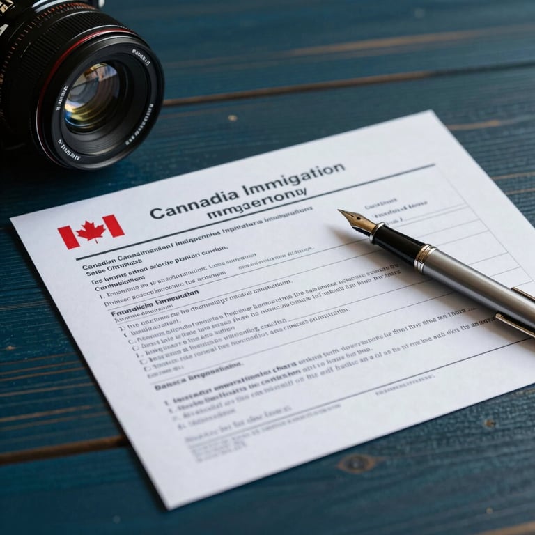 Detailed photography of official Canadian immigration documents and a fountain pen on a desk of deep charcoal teal wood.