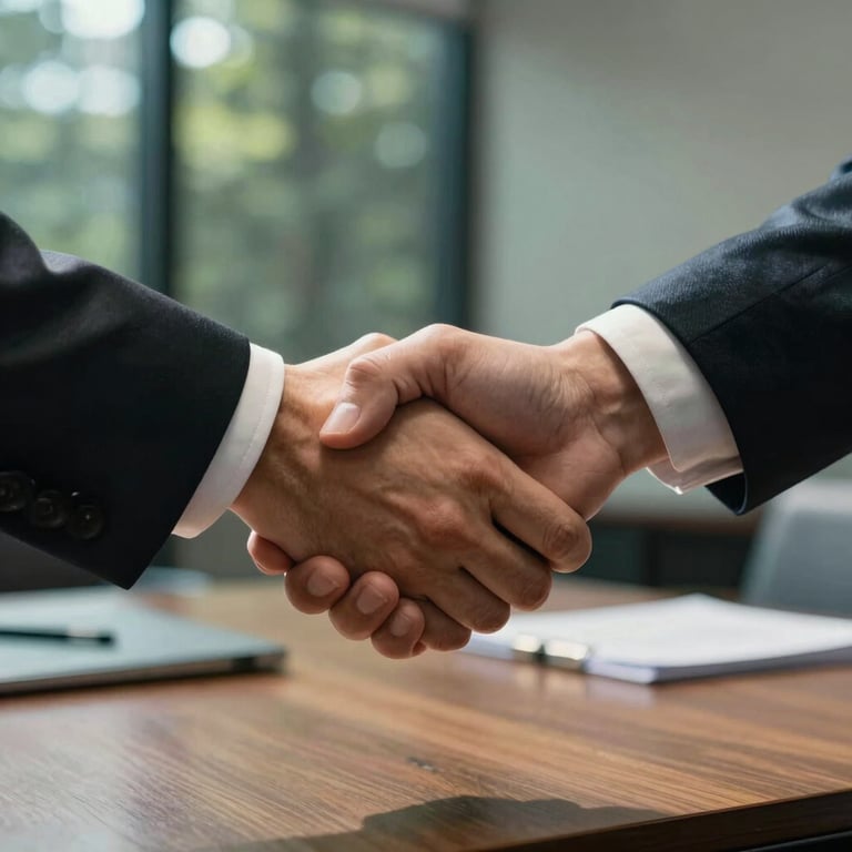 A close-up of a professional handshake in a sunlit North American / Canadian boardroom with forest teal accents.