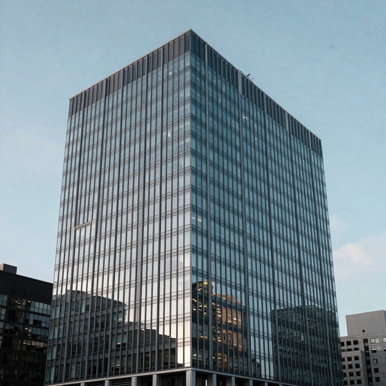 Modern architecture and a clean glass building in a major North American / Canadian city under a soft sky blue sky.