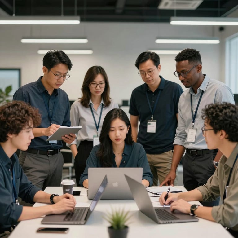 A group of diverse professionals collaborating in a North American / Canadian tech hub, conveying opportunity and innovation.