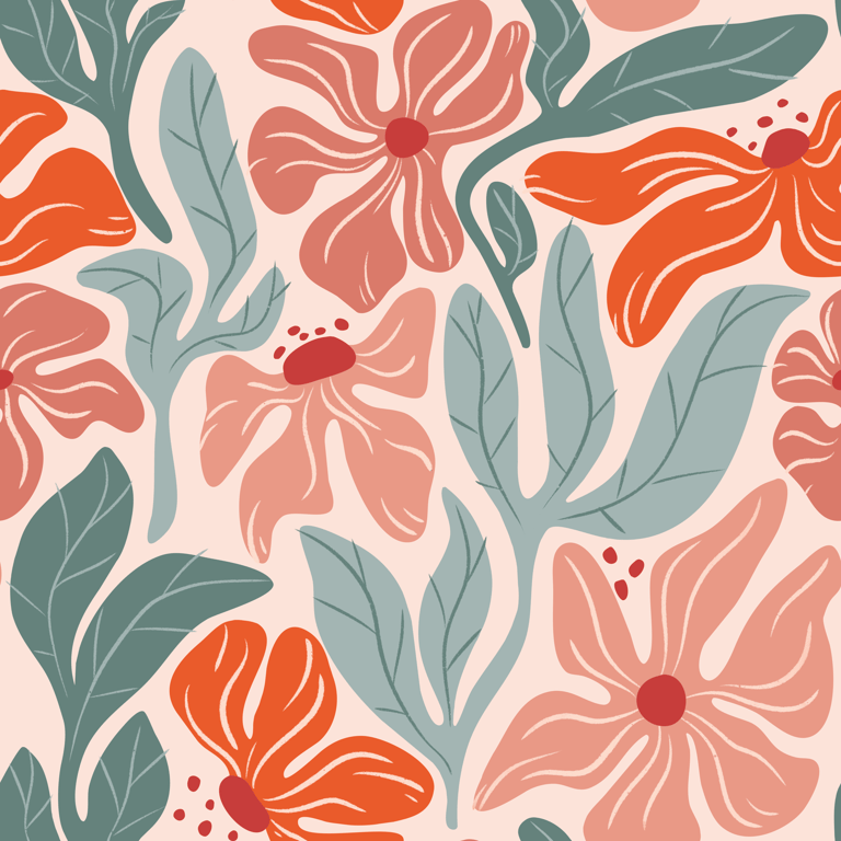 Motif seamless pattern représentant des fleurs ainsi que de la végétation dans un style colore retro