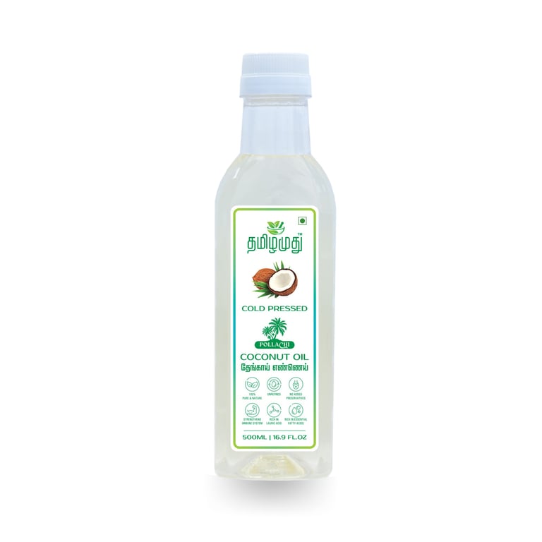 Tamilamuthu cold pressed coconut oil 500ml made from solar dried copra in Pollachi