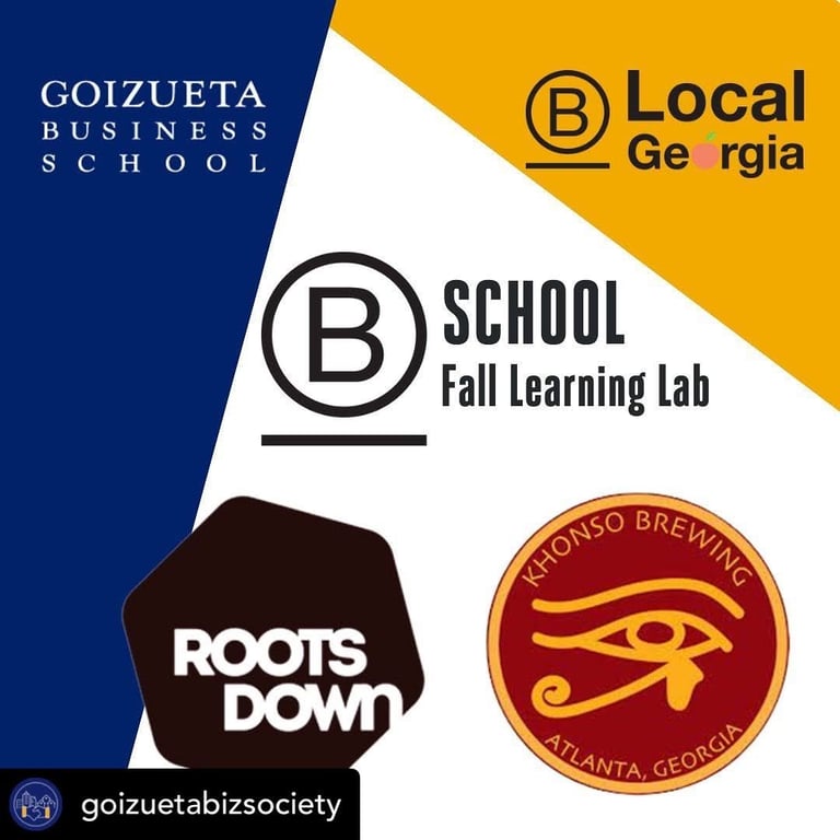 Logos for Emory Goizueta Business School, B Local Georgia, B School Fall Learning Lab, Roots Down, and Khonso Brewing.