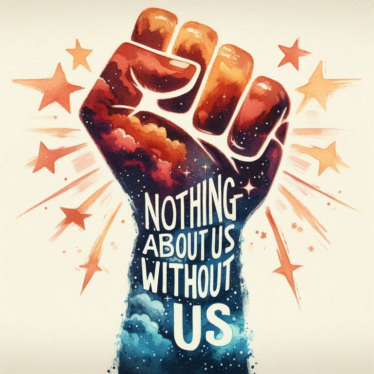 an inspiring watercolor stylized image of the famous activism phrase "nothing about us without us" w