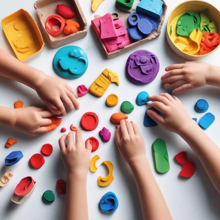 a group of children's hands holding onto a playdoue
