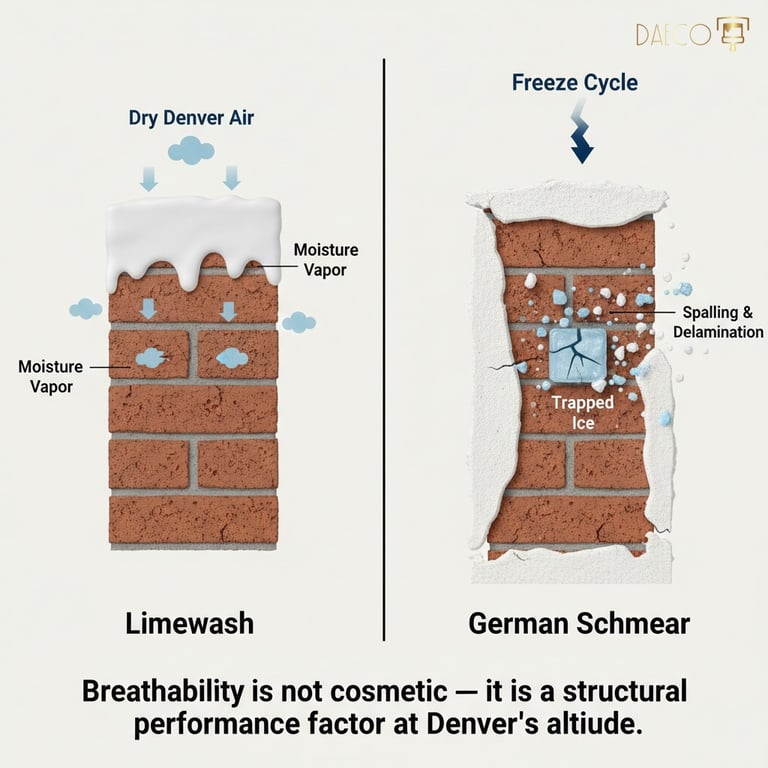 Diagram showing how breathable limewash protects brick from freeze cycle spalling and delamination.