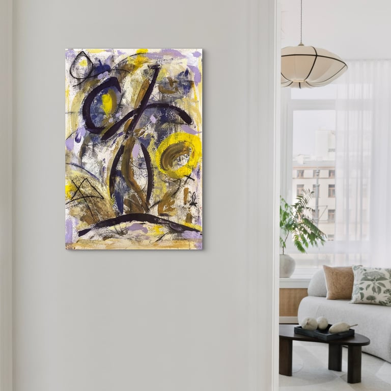 A lyrical painting in purples and yellows in a bright light room.