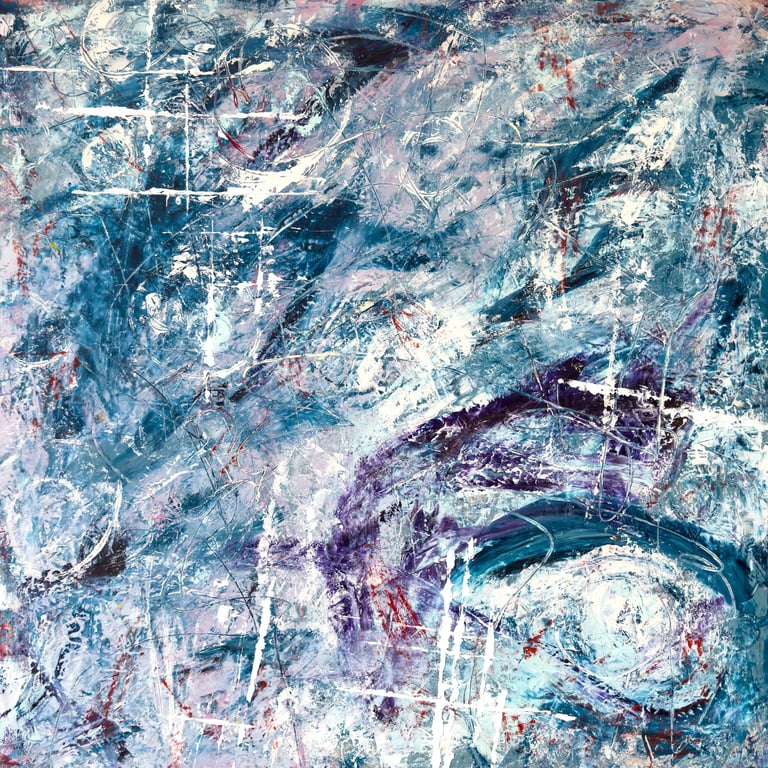 Tactile painting with swirls of blue and teal accented by white, purple, and red.