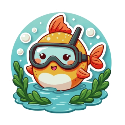 Kawaii fishcake with snorkel and bubbles, pastel cartoon design by Wyrlight for POD.