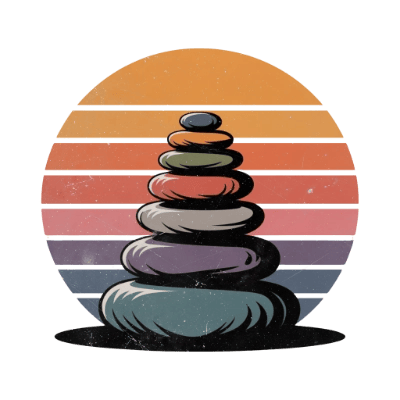 Stacked stones zen cairn with retro sunset stripes, minimalist Wyrlight design.