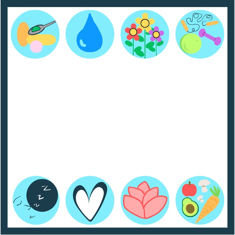 Bubbles of different health areas to address: medicine, hydration, community, fitness, sleep, heart.