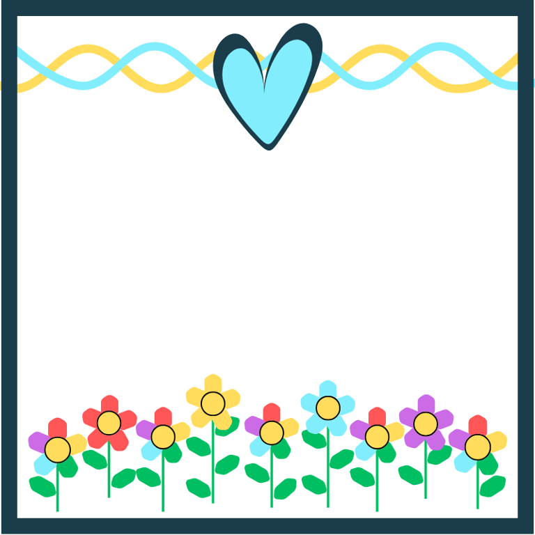 Community banner with wavy liens and heart, rainbow flowers below.