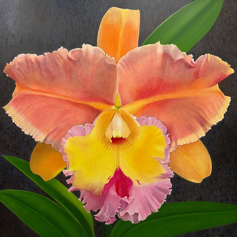 Christine Knize,Orange and Purple Orchid Bloom, , 72"x72", Oil on Canvas, Botanical Realism