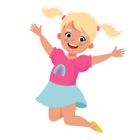 Colorful, smiling cartoon girl jumping and celebrating