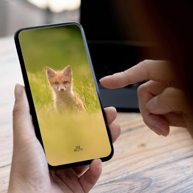 Smartphone en main avec fond d’écran renardeau — format mobile 19×9